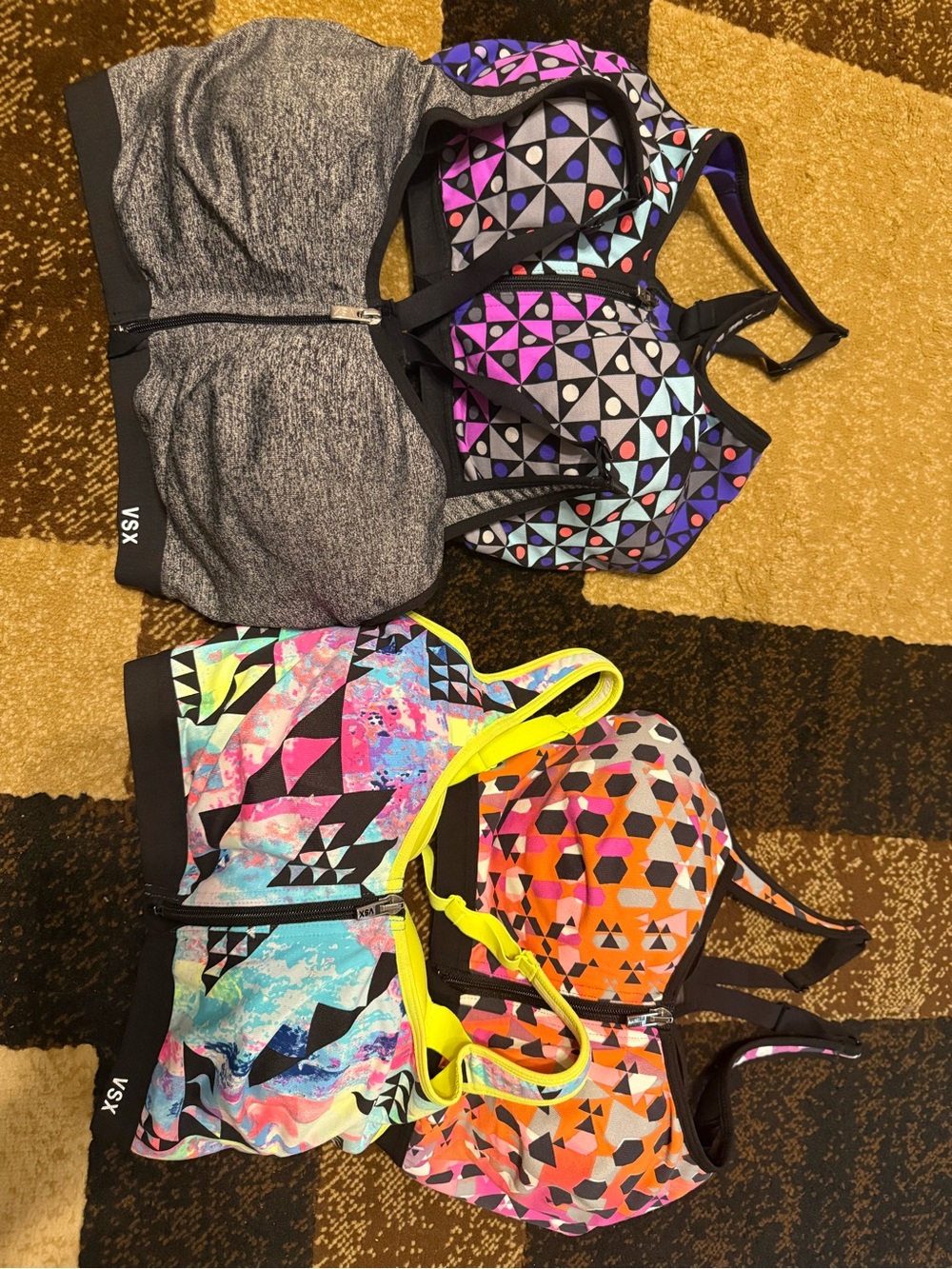 VSX Mixed-Print Sports Bra Set in Gray, Purple, Pink, Yellow and Orange